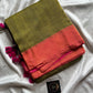 Green Plain Khadi Cotton Saree with contrast border and blouse piece