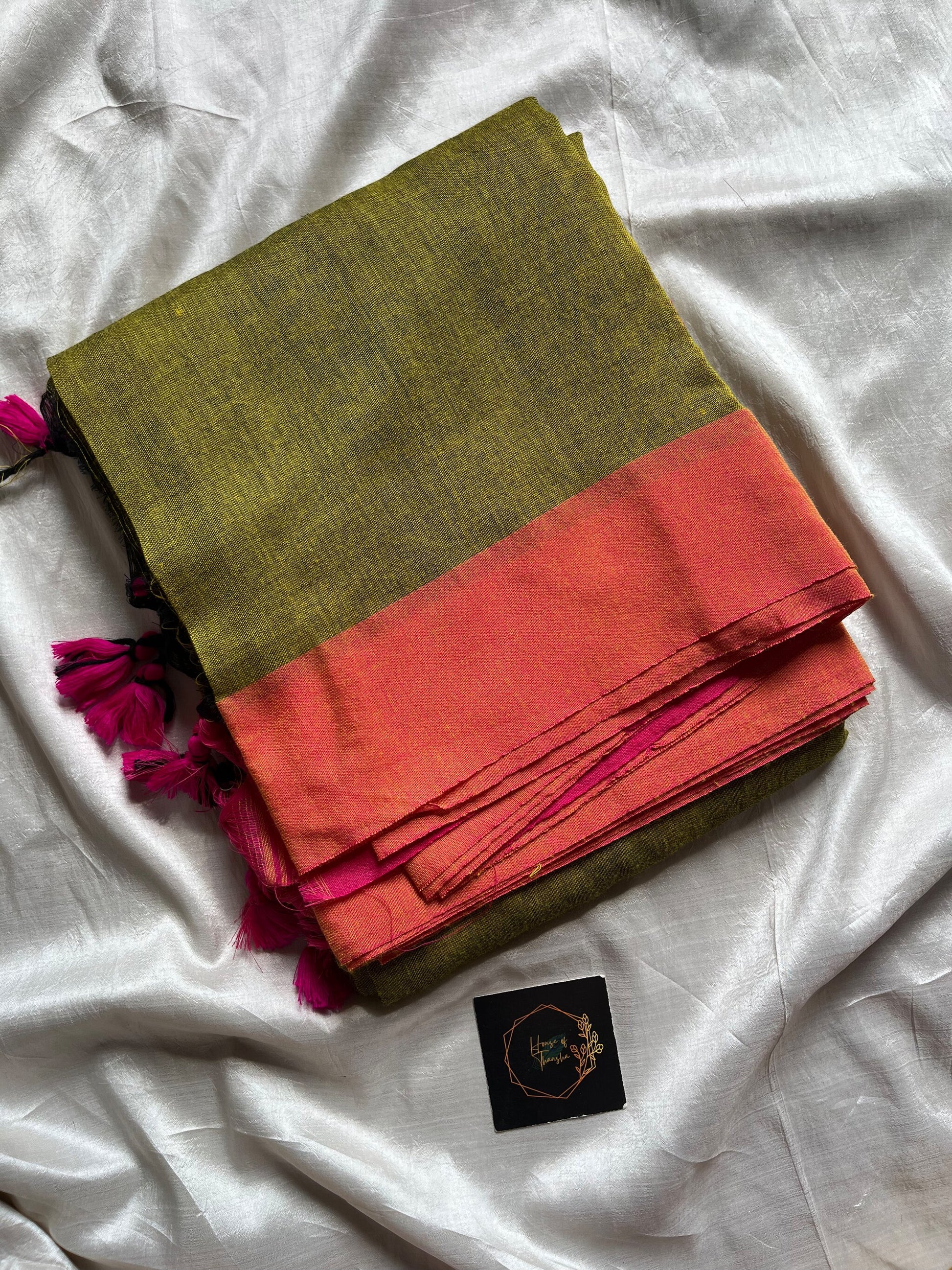Green Plain Khadi Cotton Saree with contrast border and blouse piece