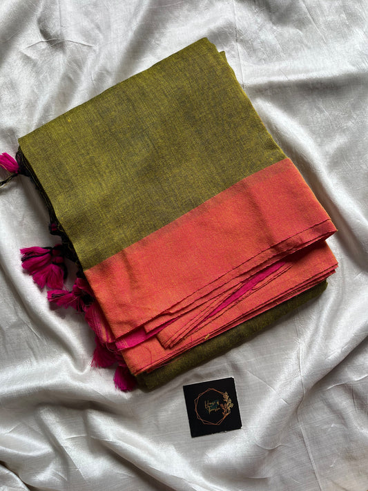 Green Plain Khadi Cotton Saree with contrast border and blouse piece
