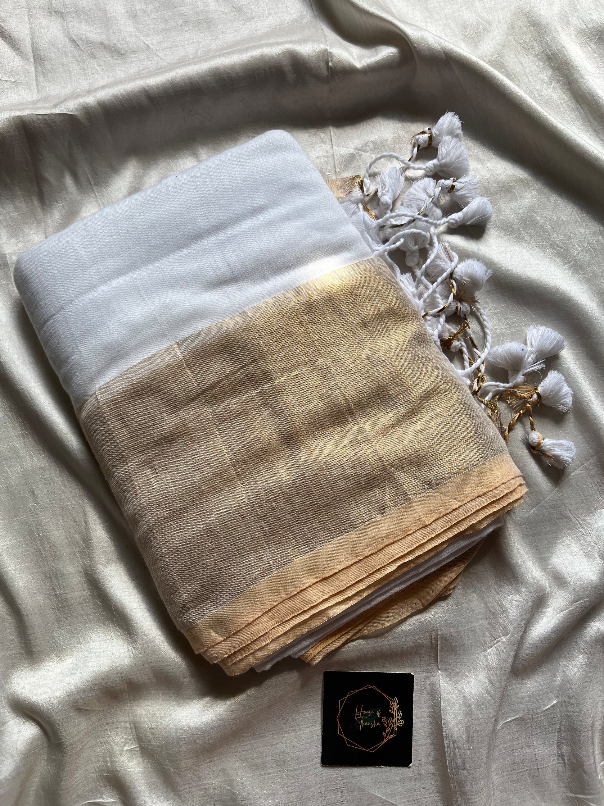 White Khadi Cotton Saree with matte golden border and running blouse, soft breathable fabric
