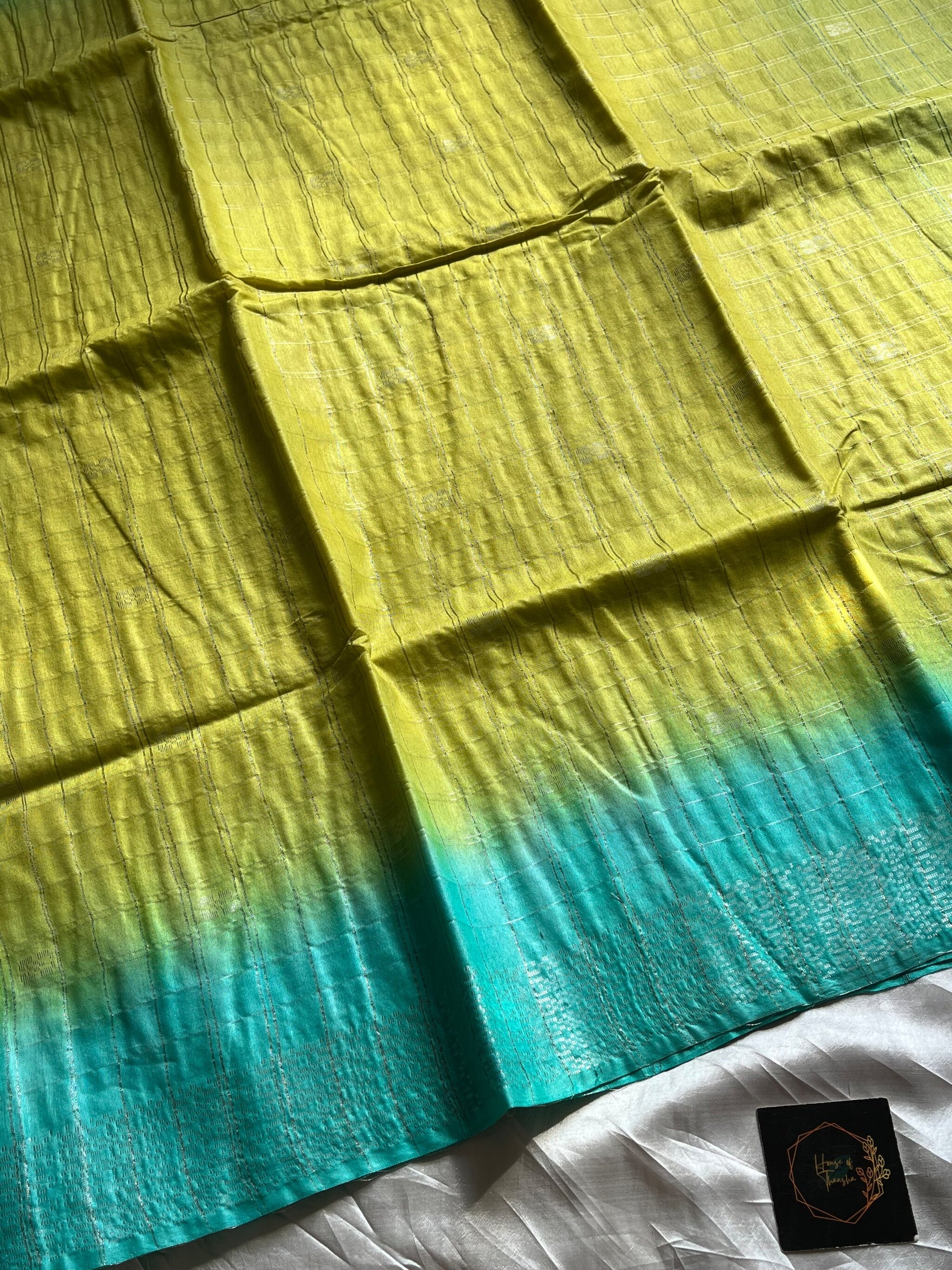 Green Slub Linen Saree with blue contrast border and blouse, breathable fabric
