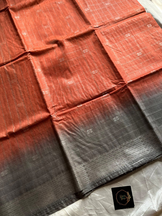 Peach Slub Linen Saree with ash contrast border and blouse, breathable fabric