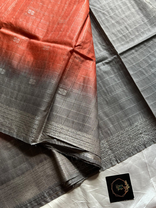 Peach Slub Linen Saree with ash contrast border and blouse, breathable fabric