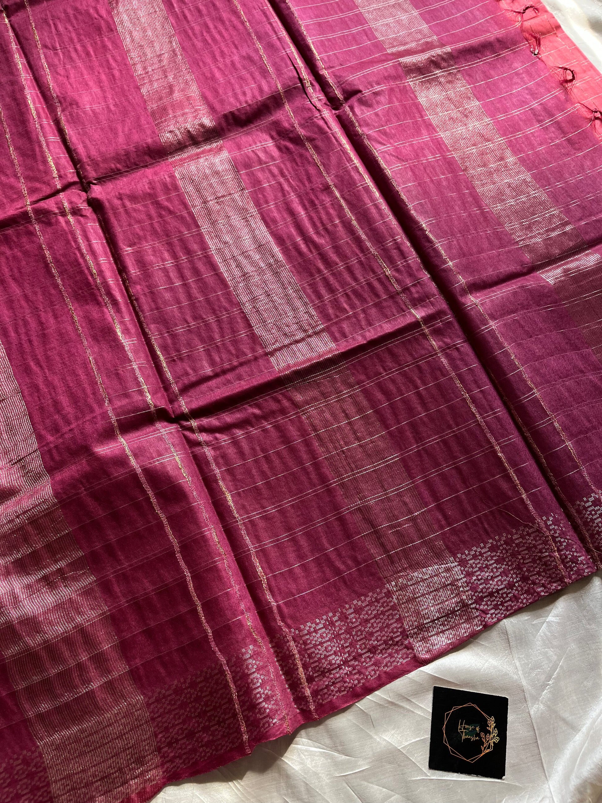 Orange Slub Linen Saree with pink contrast border and blouse, breathable fabric