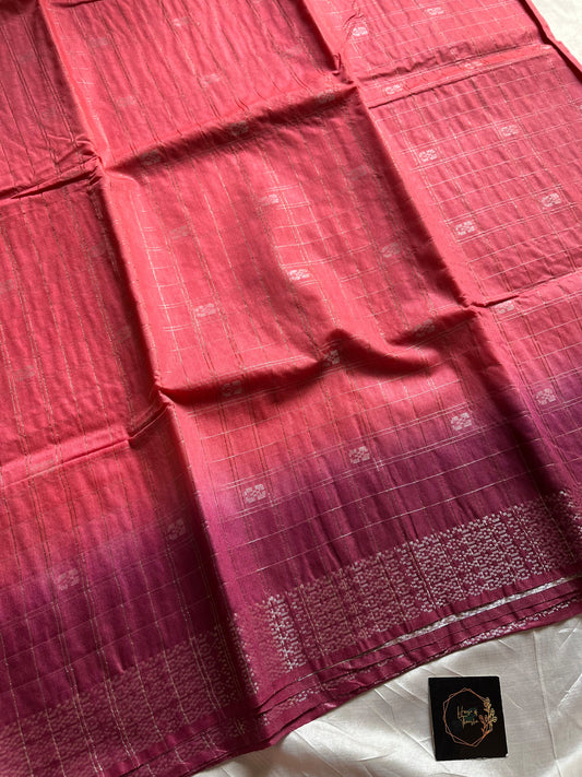 Orange Slub Linen Saree with pink contrast border and blouse, breathable fabric