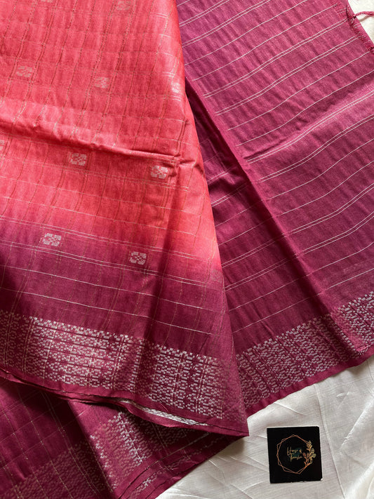 Orange Slub Linen Saree with pink contrast border and blouse, breathable fabric