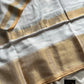 White Khadi Cotton Saree with matte golden border and running blouse, soft breathable fabric
