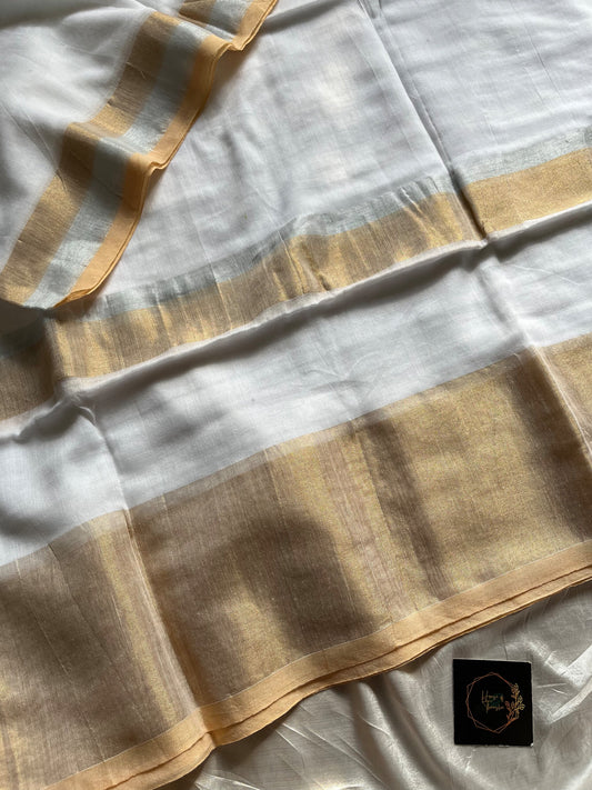 White Khadi Cotton Saree with matte golden border and running blouse, soft breathable fabric
