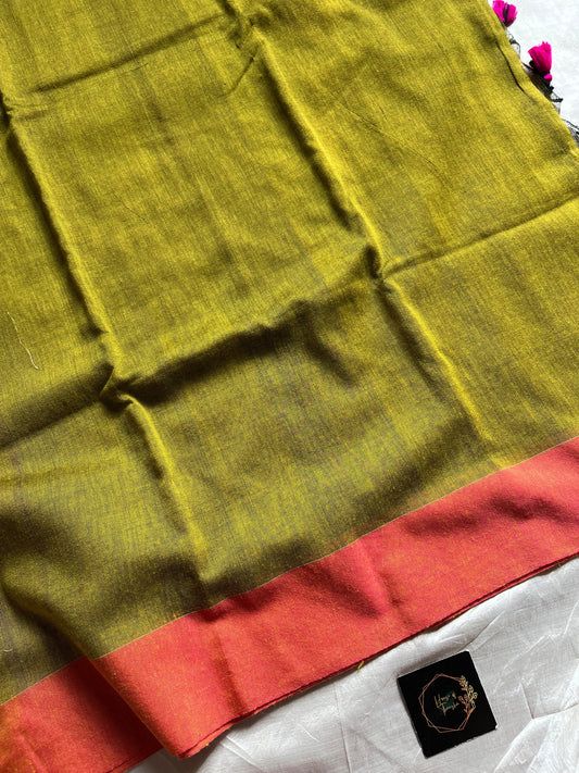 Green Plain Khadi Cotton Saree with contrast border and blouse piece