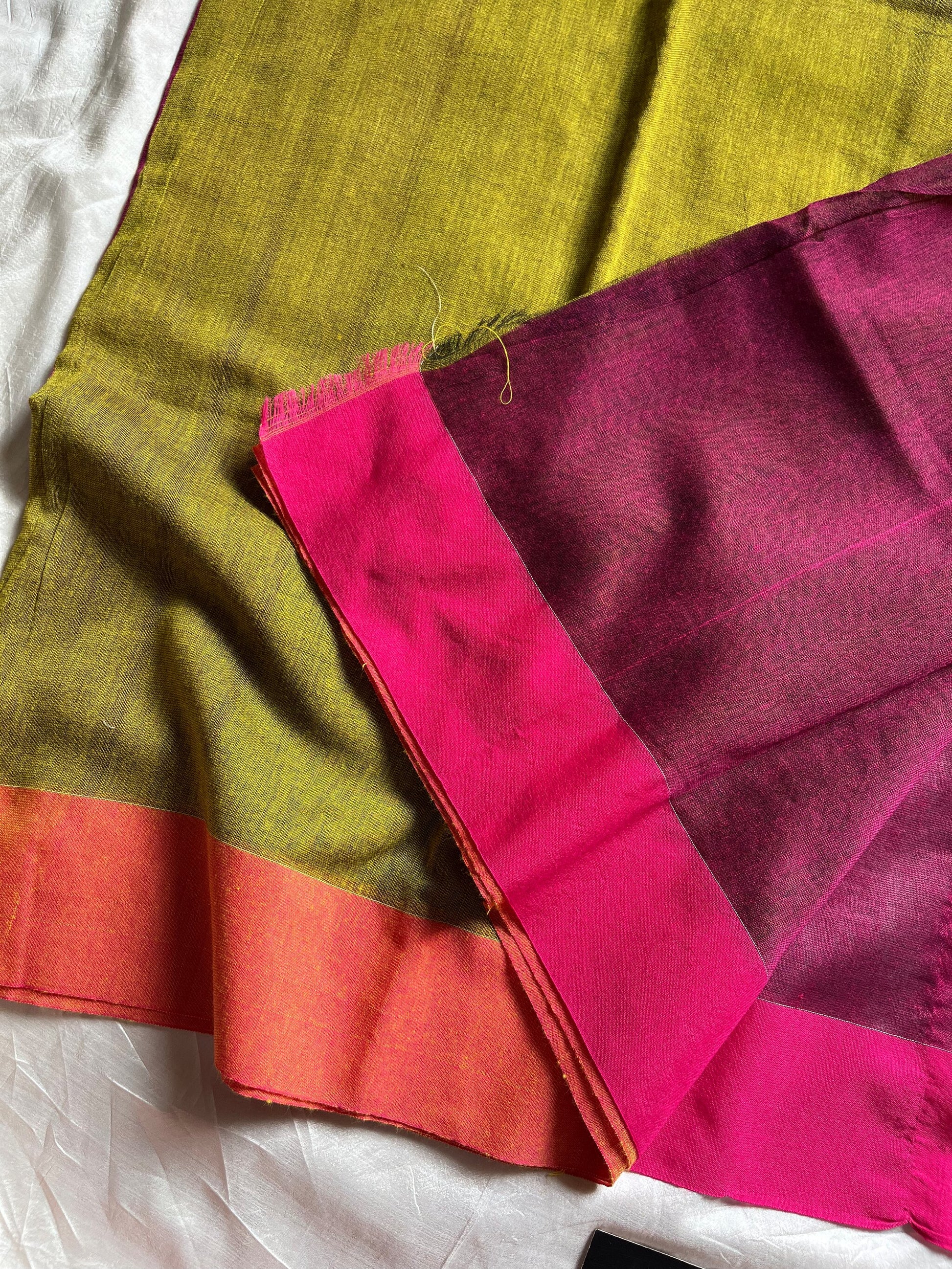 Green Plain Khadi Cotton Saree with contrast border and blouse piece