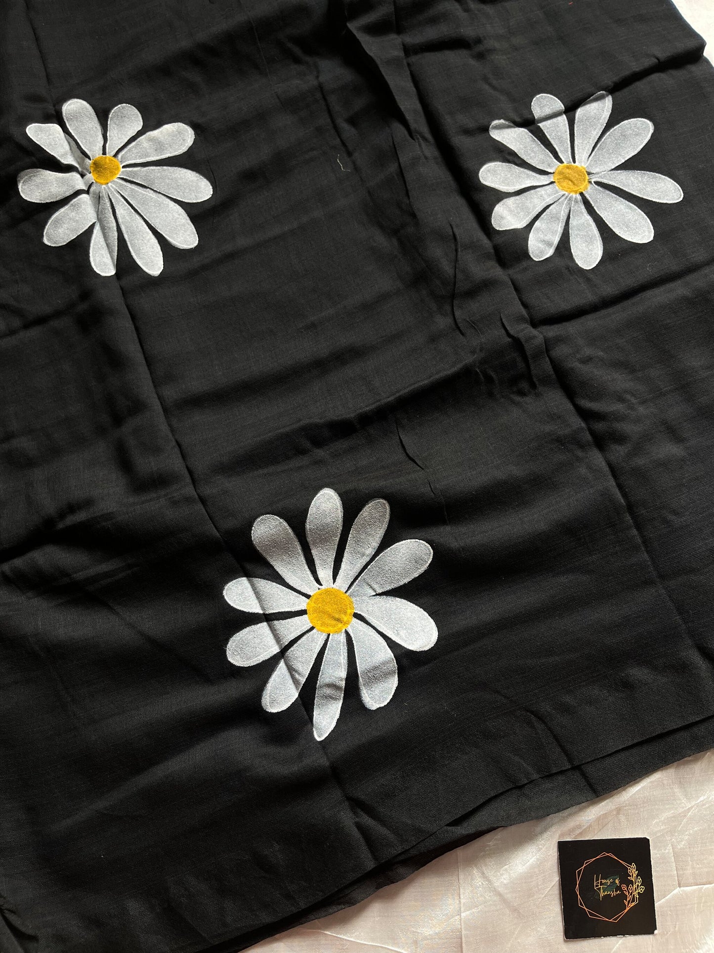 Black Handpainted Khadi Cotton Saree, 6 meters, soft breathable fabric