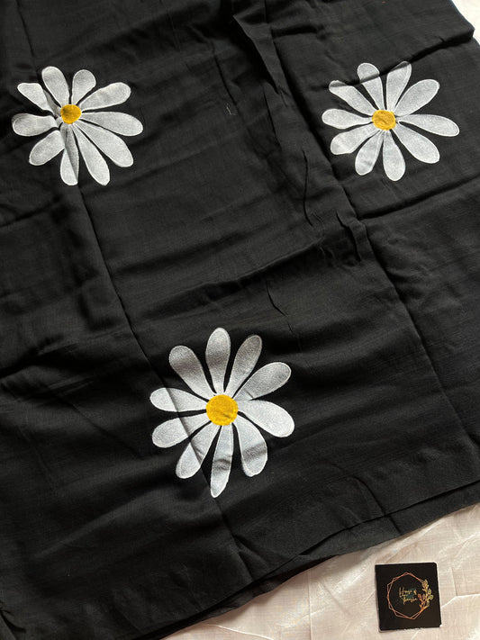 Black Handpainted Khadi Cotton Saree, 6 meters, soft breathable fabric