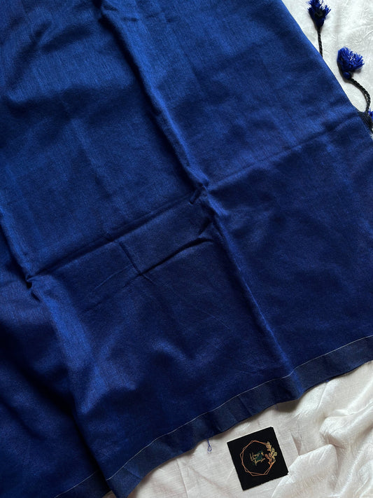 Blue Plain Khadi Cotton Saree with printed blouse piece, soft breathable fabric