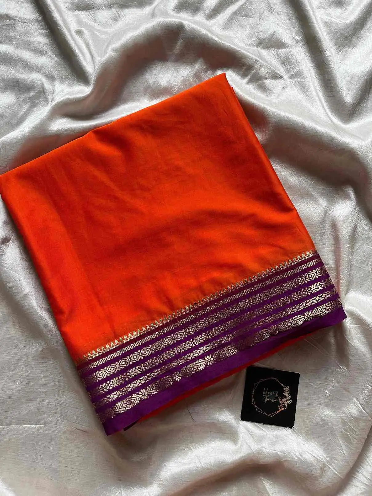 Semi Mysore Silk Saree – Orange with Golden Zari Border | House of Thansha