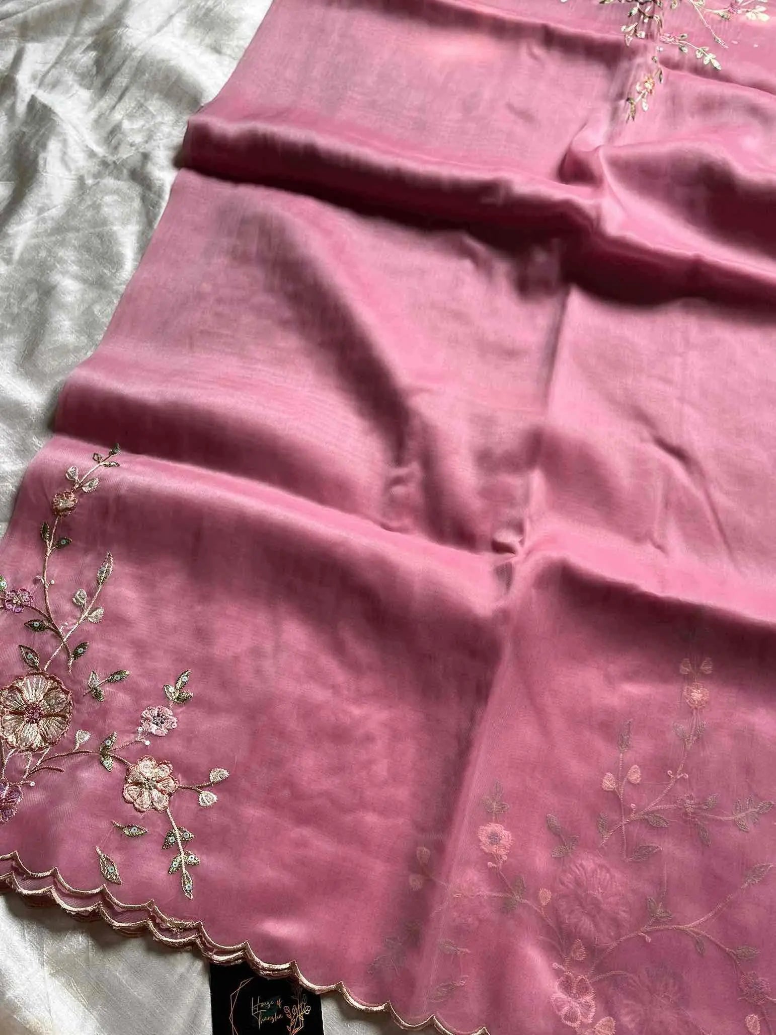 Soft organza saree with floral hand embroidery, flowy non-stiff drape by House of Thansha