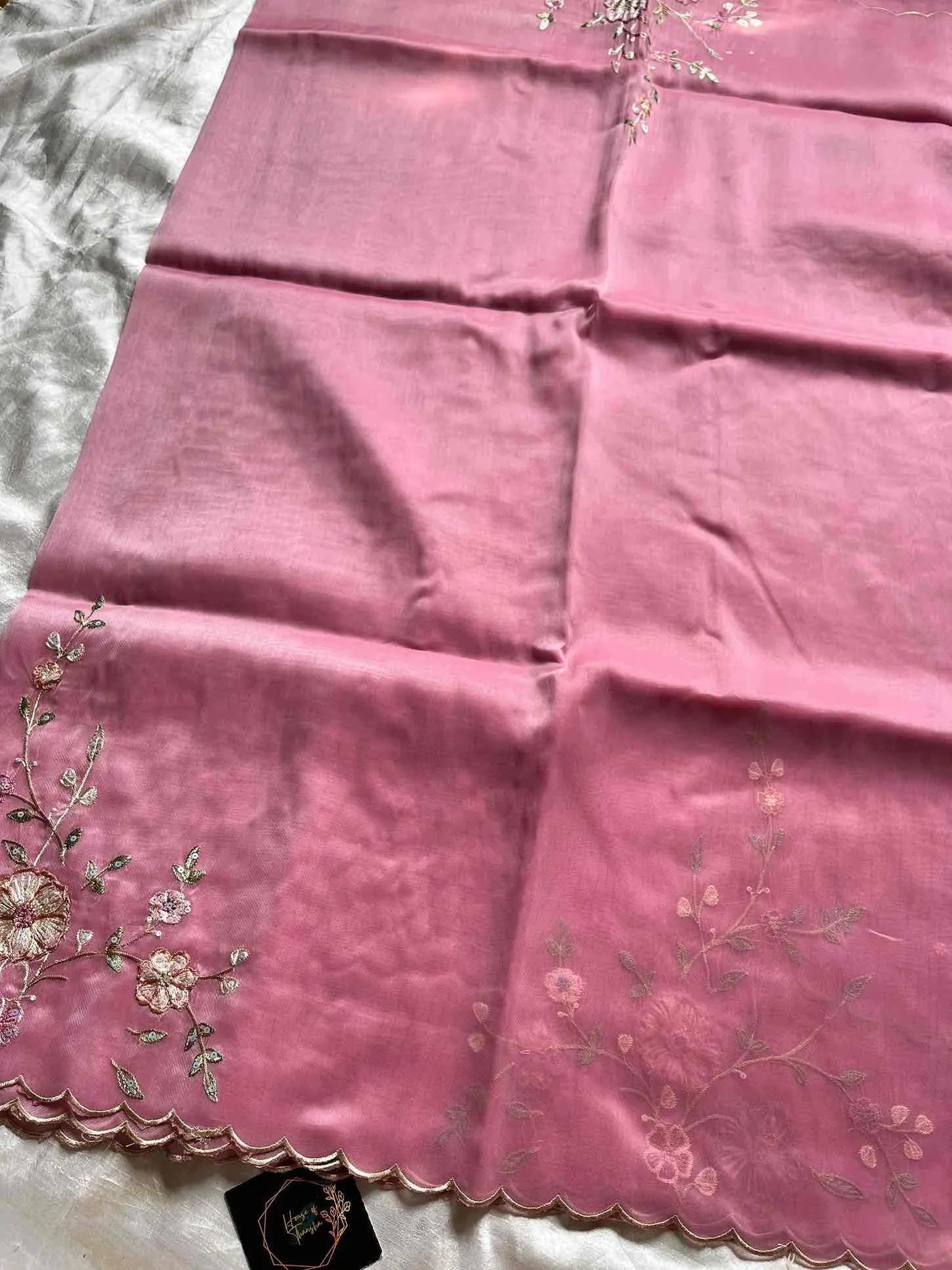 Soft organza saree with floral hand embroidery, flowy non-stiff drape by House of Thansha