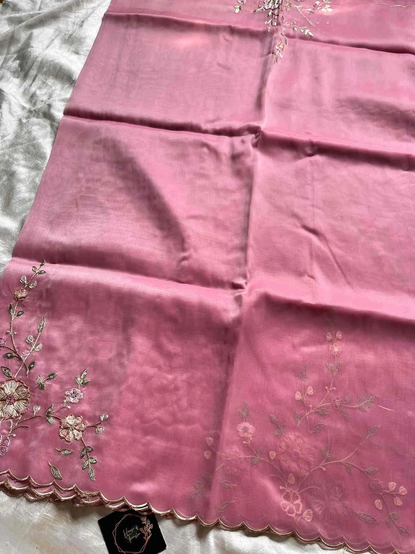 Soft organza saree with floral hand embroidery, flowy non-stiff drape by House of Thansha