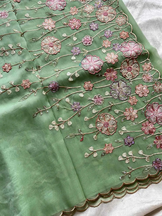 Soft organza saree with floral hand embroidery, flowy non-stiff drape by House of Thansha