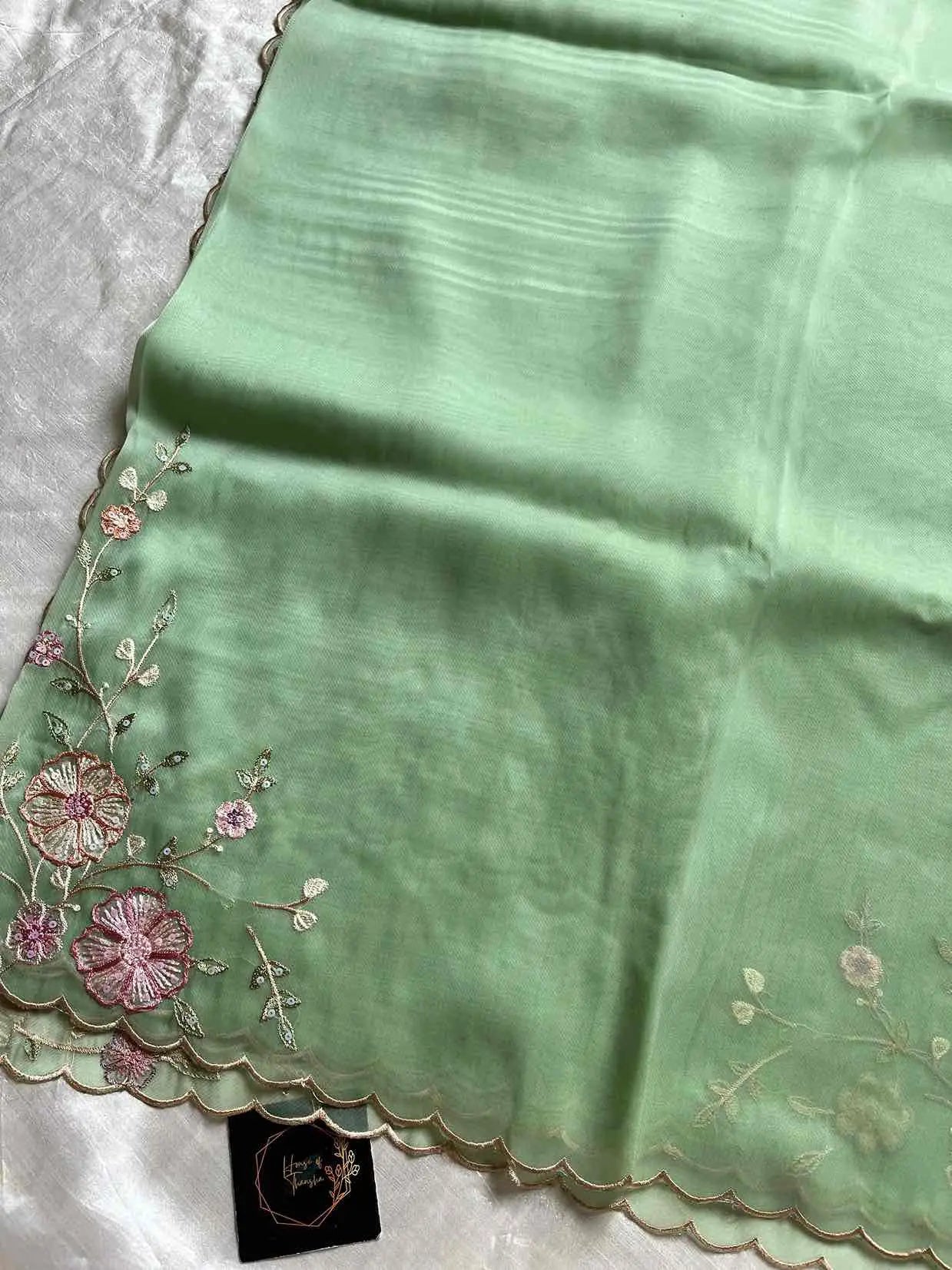 Soft organza saree with floral hand embroidery, flowy non-stiff drape by House of Thansha