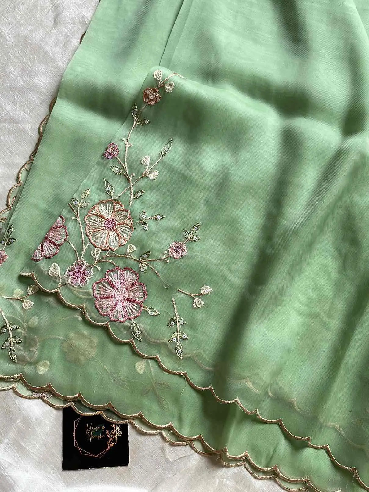 Soft organza saree with floral hand embroidery, flowy non-stiff drape by House of Thansha