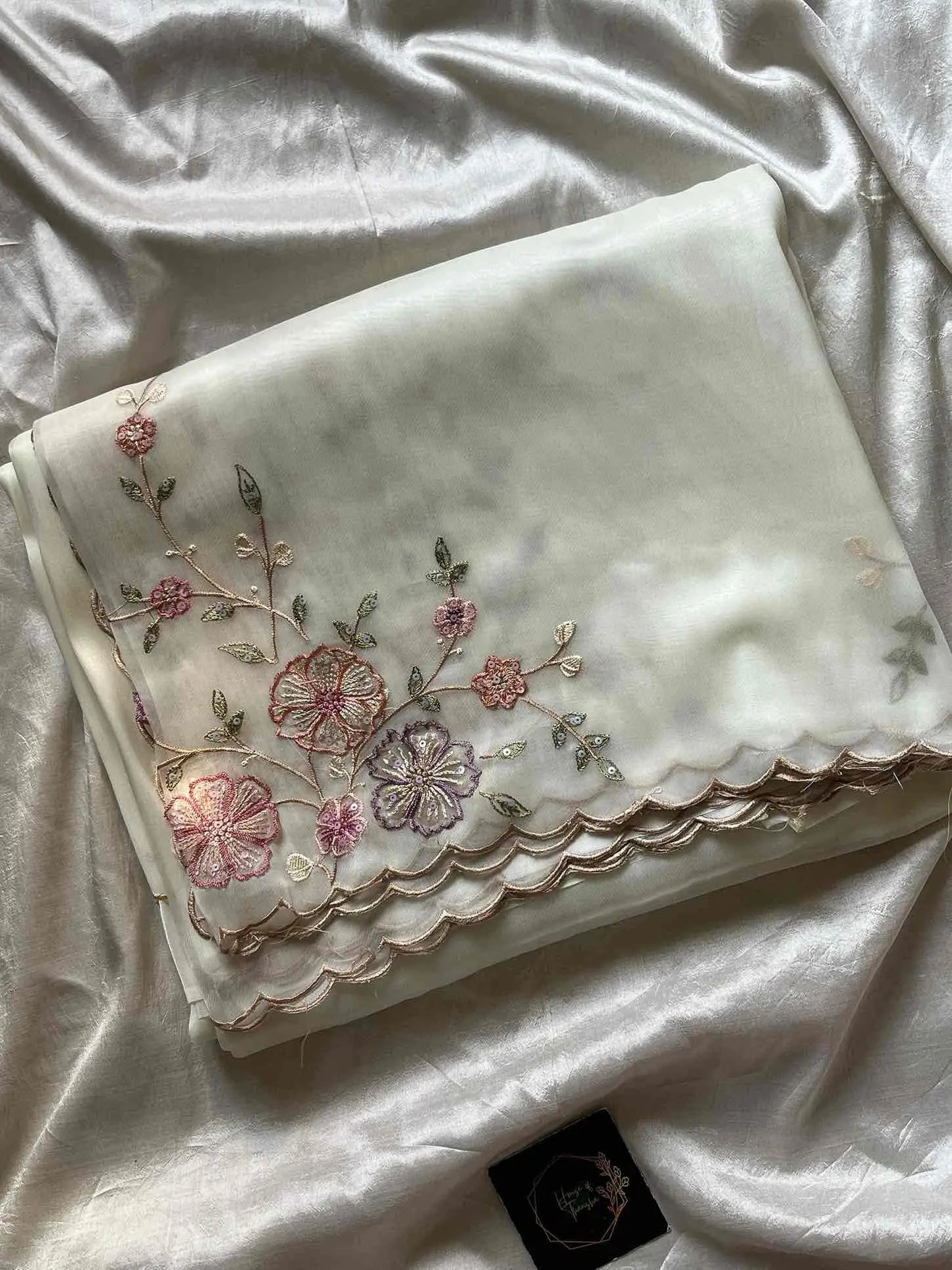 Soft organza saree with floral hand embroidery, flowy non-stiff drape by House of Thansha