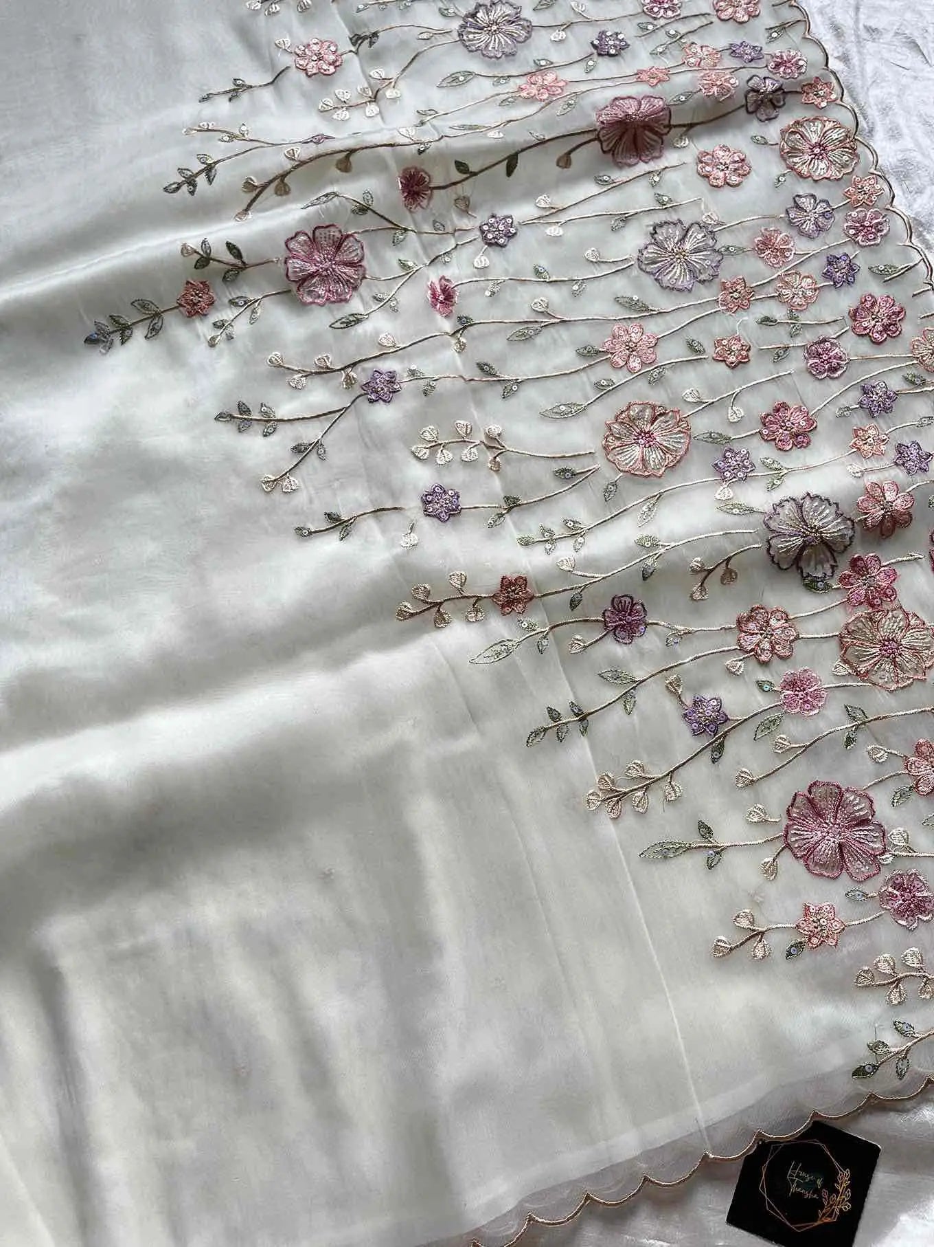 Soft organza saree with floral hand embroidery, flowy non-stiff drape by House of Thansha