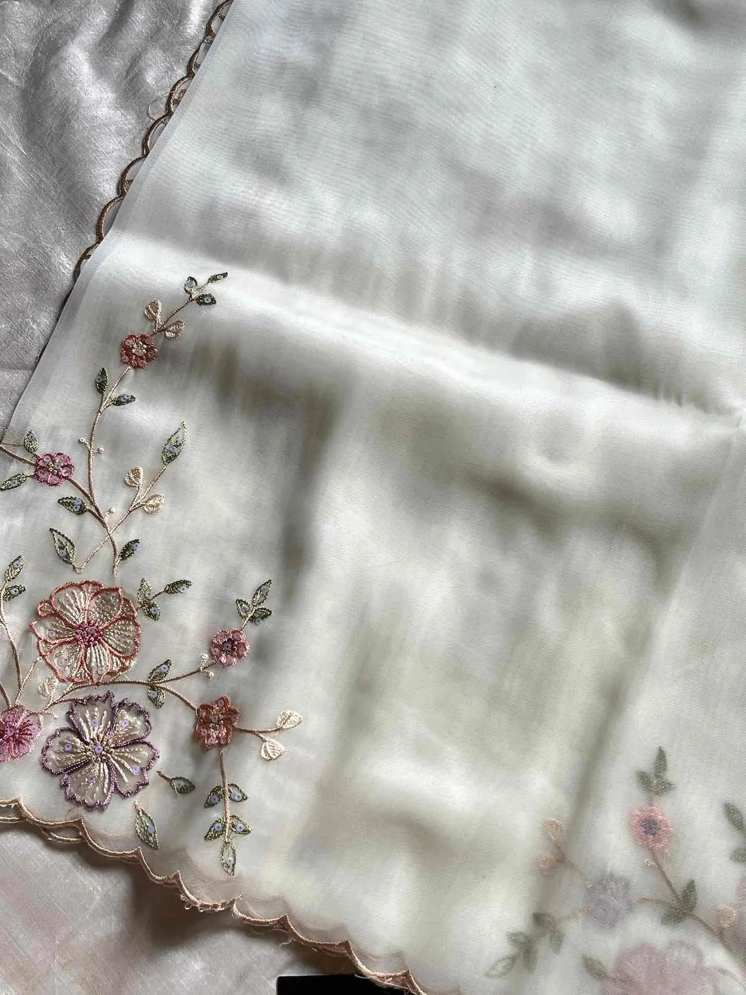 Soft organza saree with floral hand embroidery, flowy non-stiff drape by House of Thansha