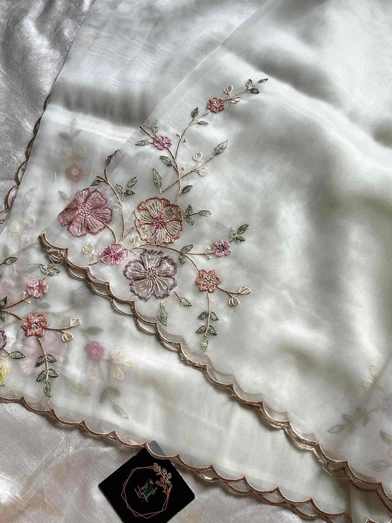 Soft organza saree with floral hand embroidery, flowy non-stiff drape by House of Thansha