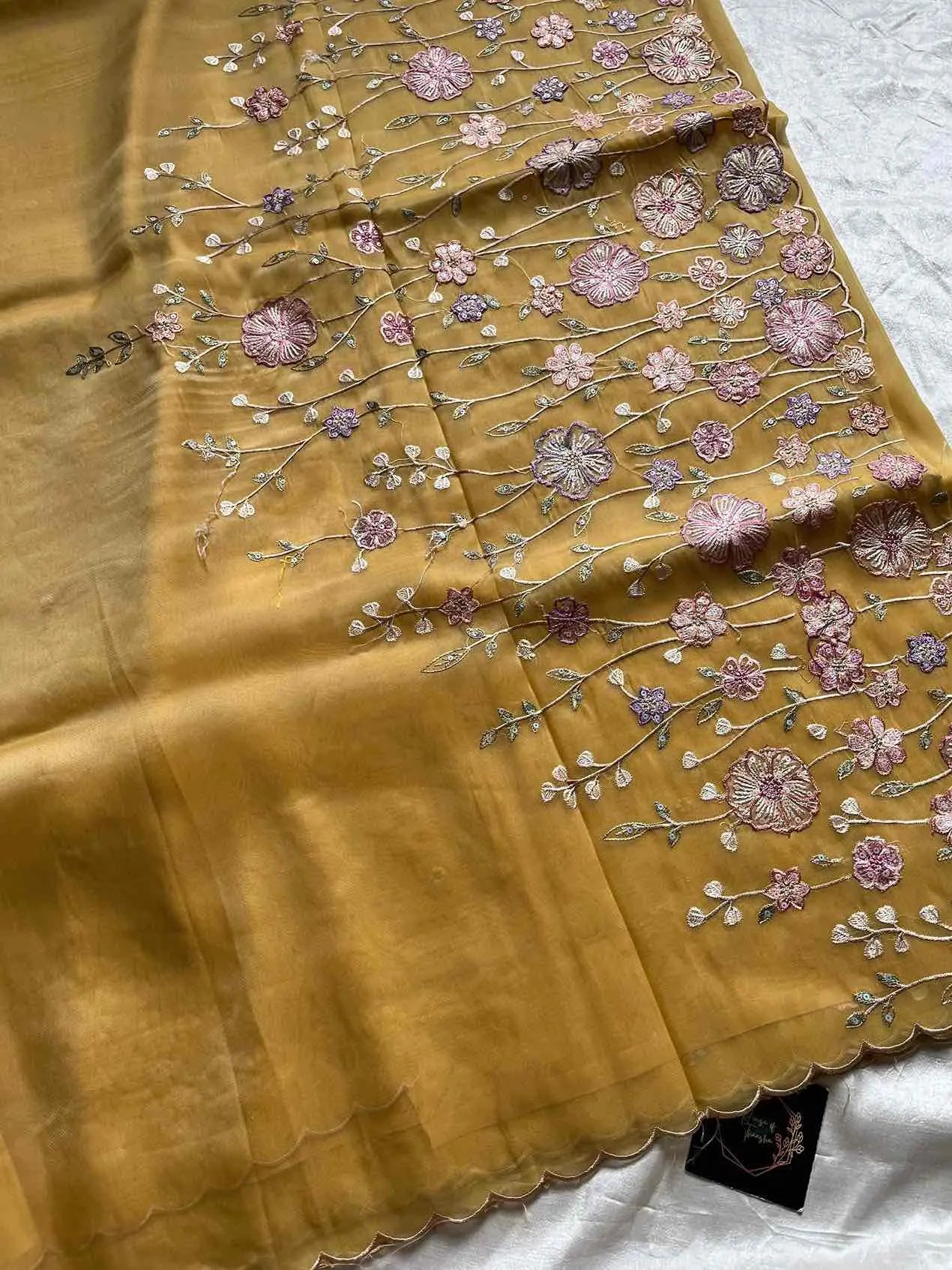 Soft organza saree with floral hand embroidery, flowy non-stiff drape by House of Thansha