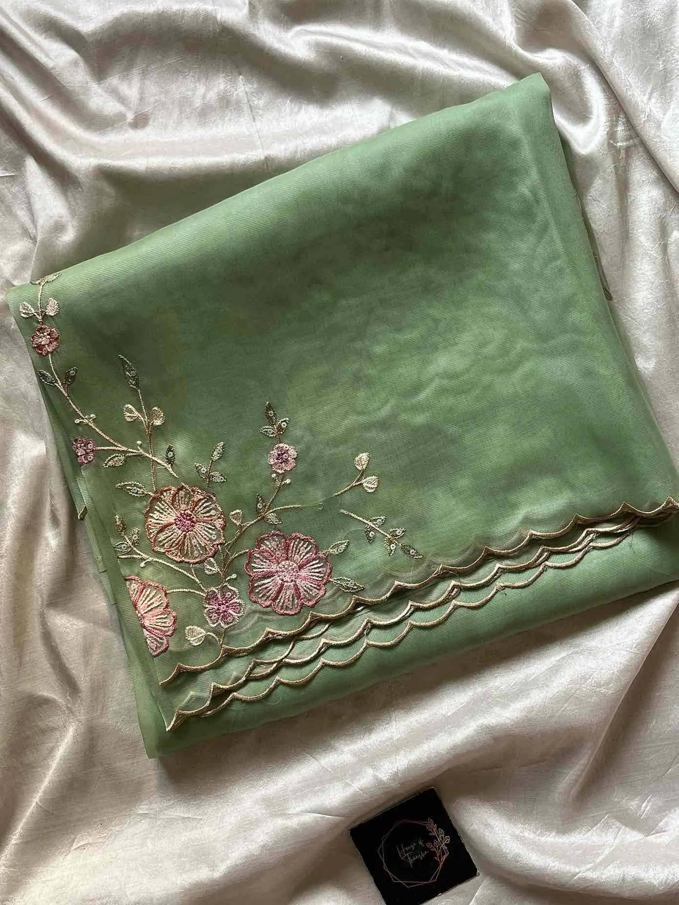 Soft organza saree with floral hand embroidery, flowy non-stiff drape by House of Thansha