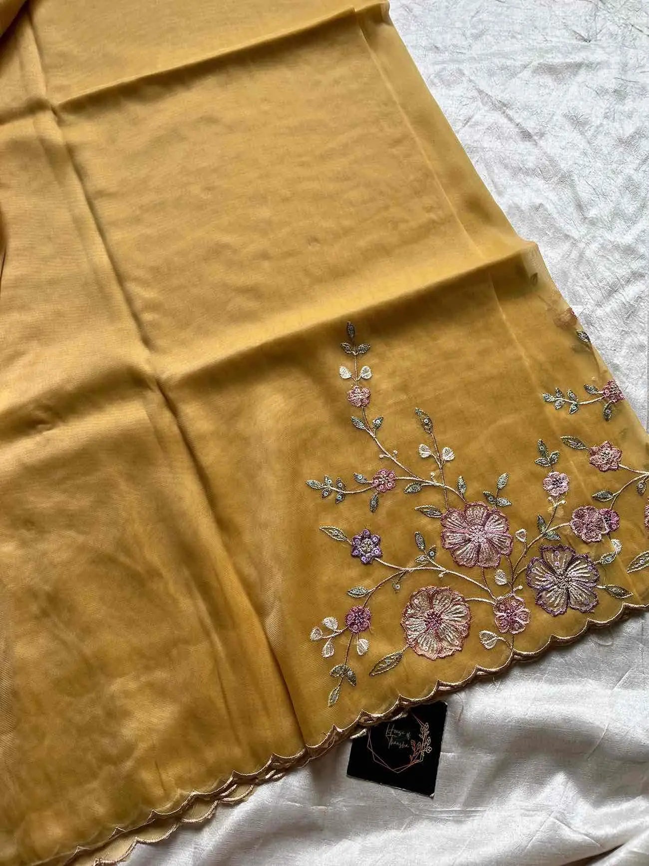 Soft organza saree with floral hand embroidery, flowy non-stiff drape by House of Thansha