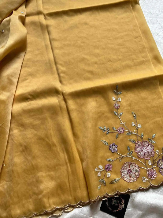 Soft organza saree with floral hand embroidery, flowy non-stiff drape by House of Thansha