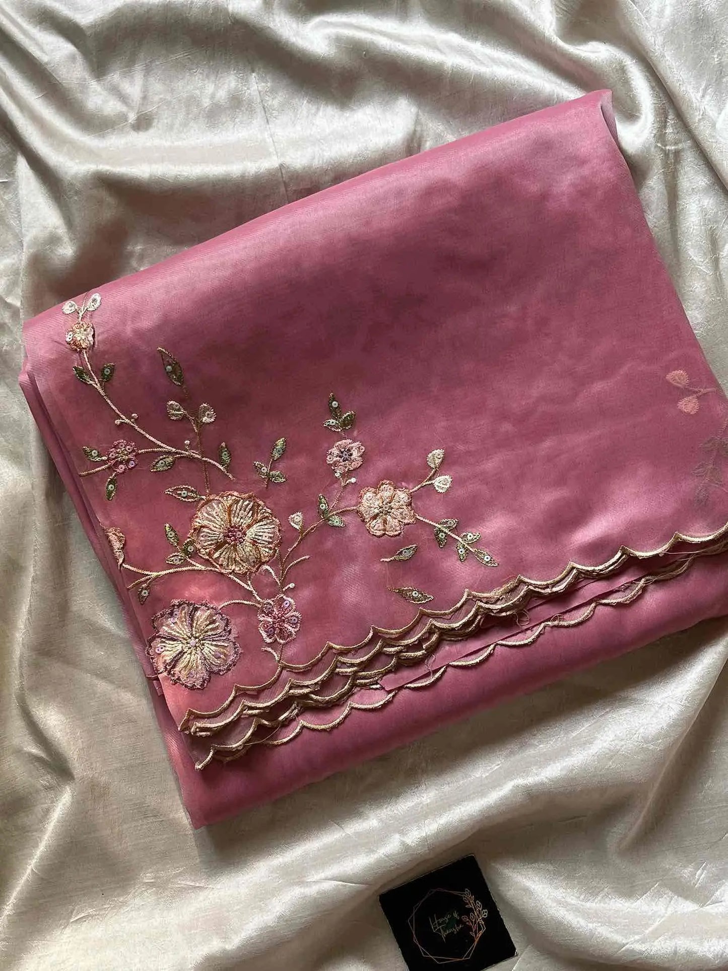 Soft organza saree with floral hand embroidery, flowy drape by House of Thansha