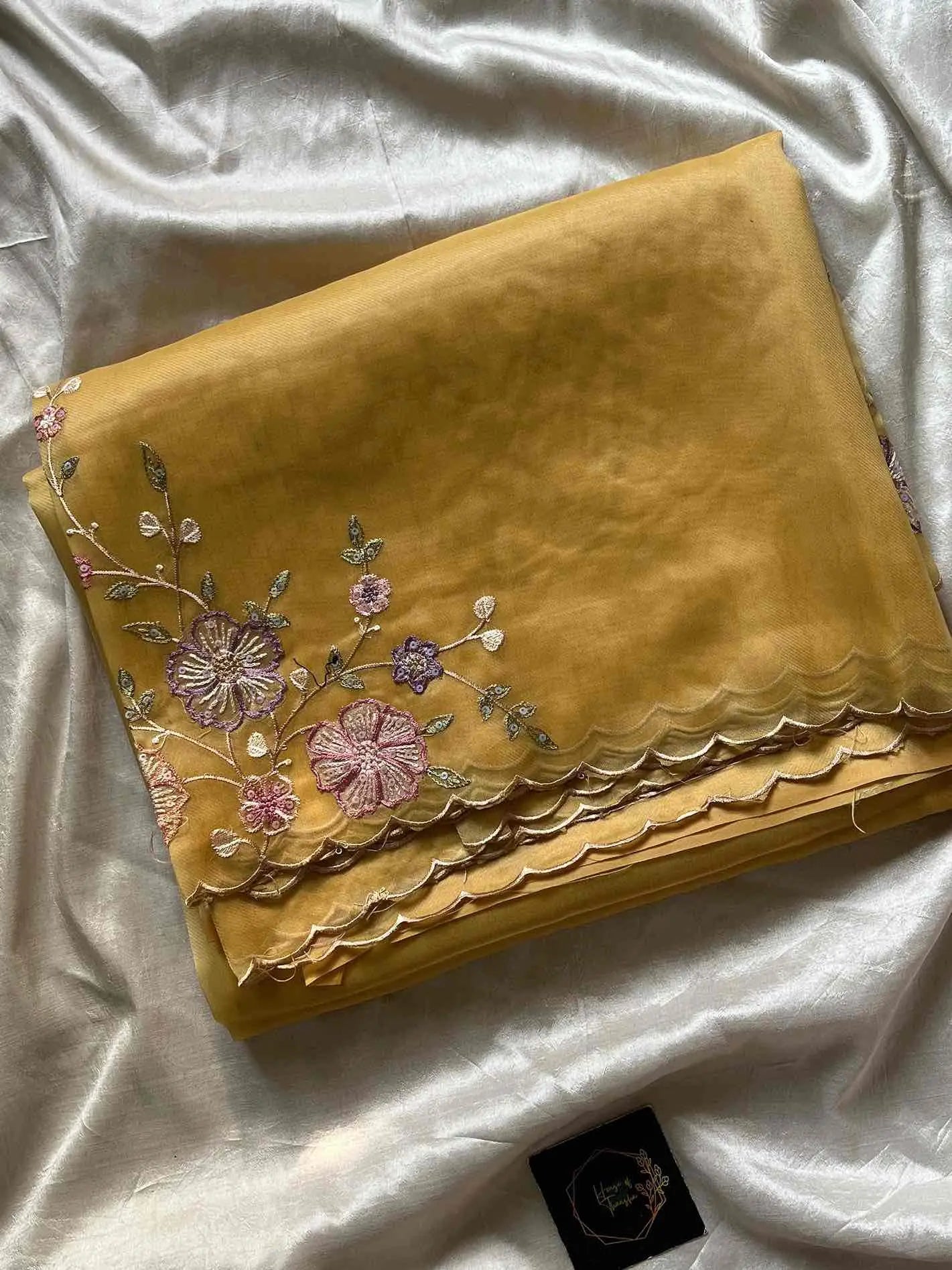 Soft organza saree with floral hand embroidery, flowy non-stiff drape by House of Thansha