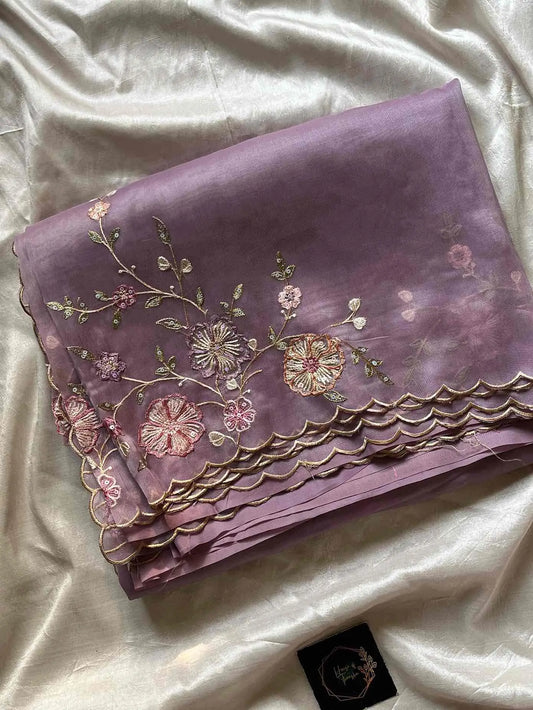 Soft organza saree with floral hand embroidery, flowy non-stiff drape by House of Thansha