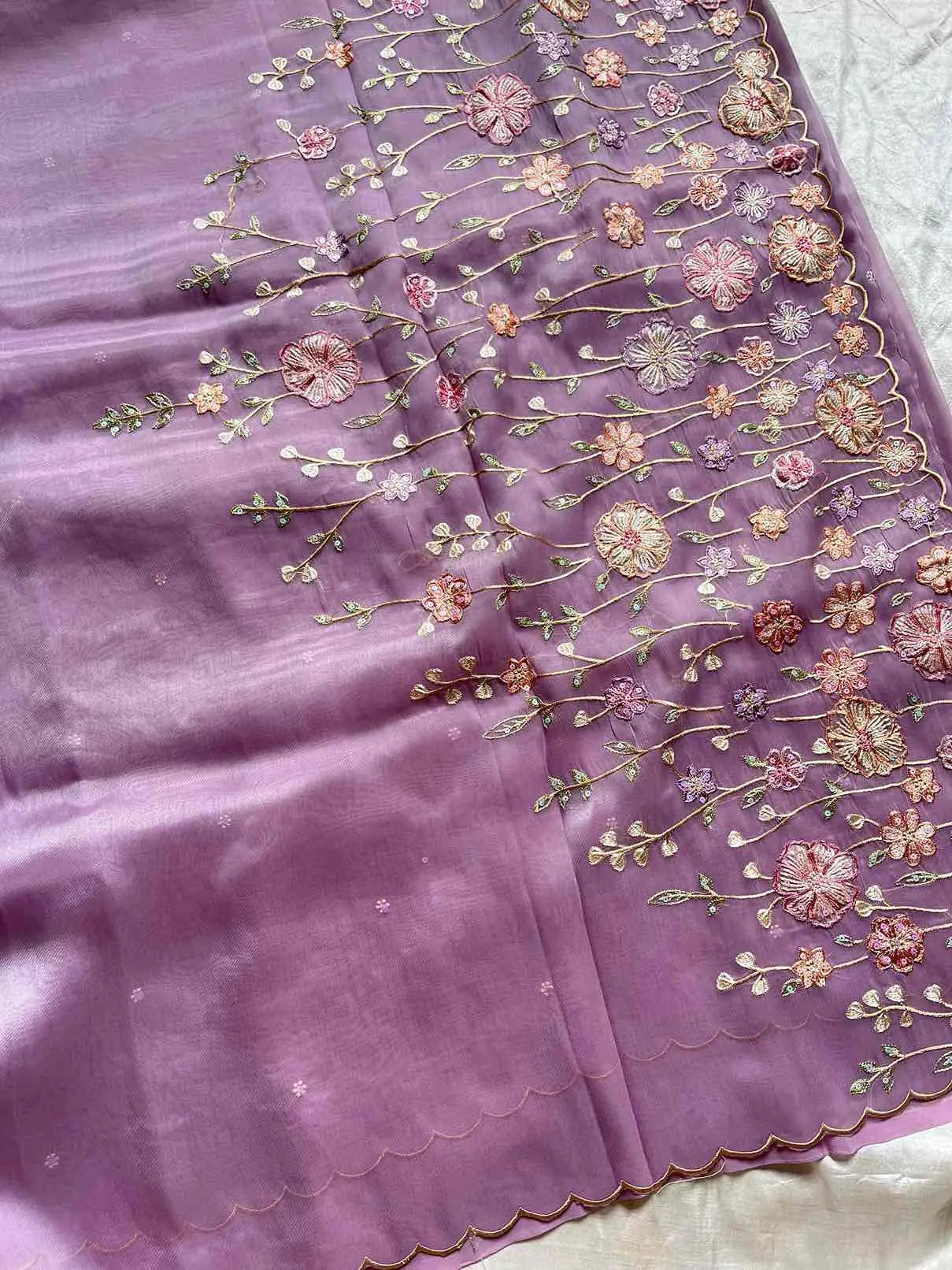 Soft organza saree with floral hand embroidery, flowy non-stiff drape by House of Thansha