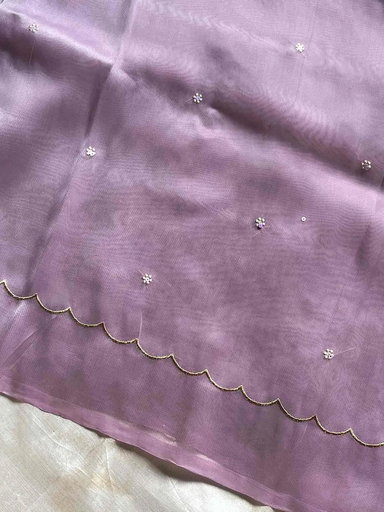 Soft organza saree with floral hand embroidery, flowy non-stiff drape by House of Thansha