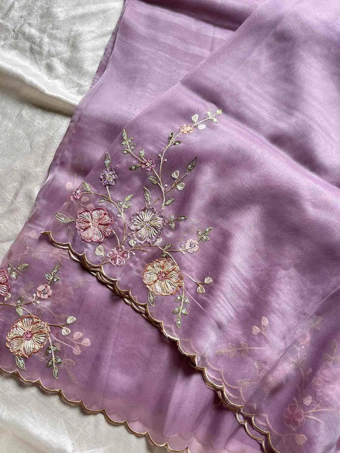 Soft organza saree with floral hand embroidery, flowy non-stiff drape by House of Thansha