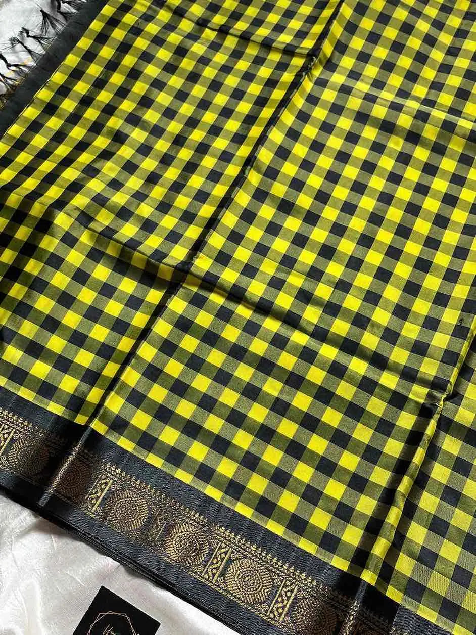 Chinnalampattu | Vegan Silk Saree – Yellow & Grey Checks