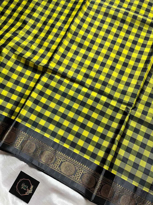Chinnalampattu | Vegan Silk Saree – Yellow & Grey Checks