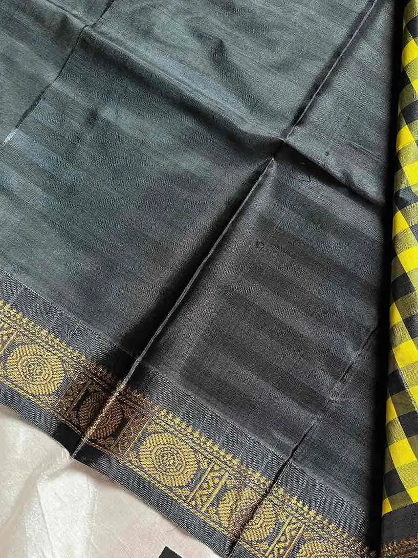 Chinnalampattu | Vegan Silk Saree – Yellow & Grey Checks