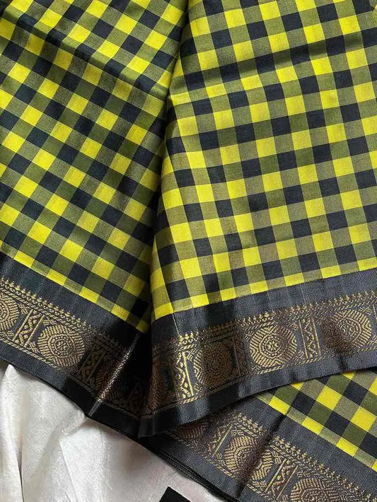 Chinnalampattu | Vegan Silk Saree – Yellow & Grey Checks