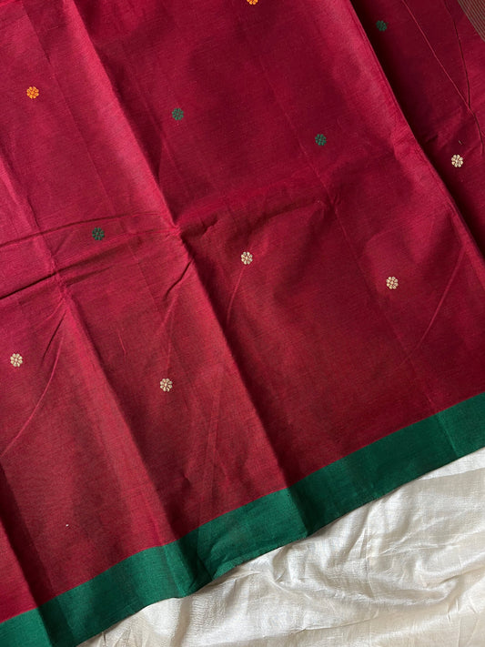 Maroon handloom Kanchi cotton saree with handwoven buttas, subtly woven pallu