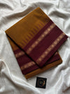 Mustard brown Chettinadu cotton saree with thread-woven korvai border and running blouse