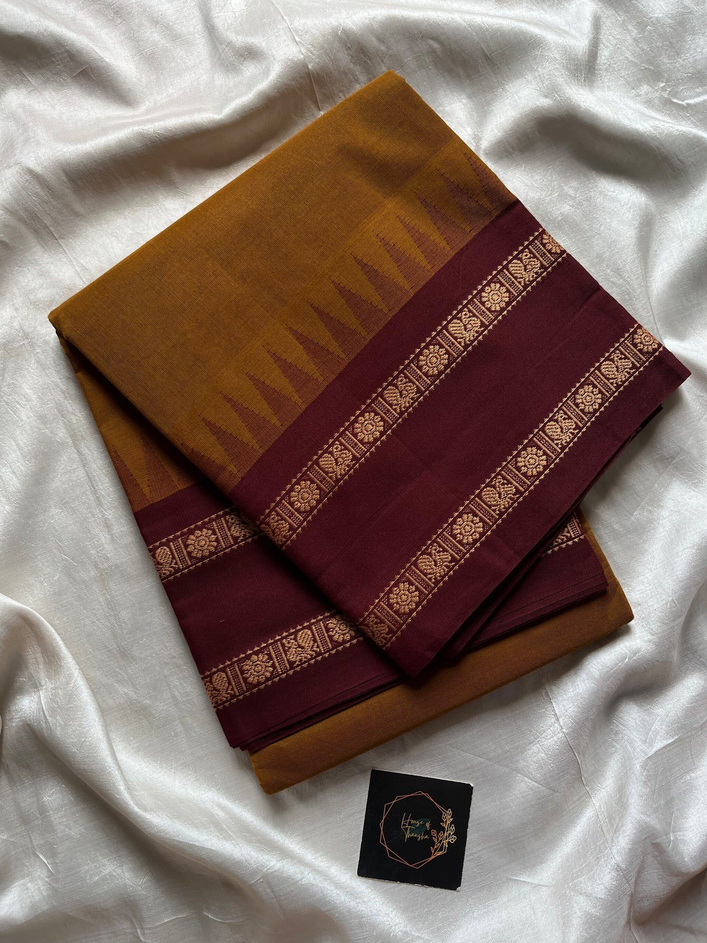 Mustard brown Chettinadu cotton saree with thread-woven korvai border and running blouse