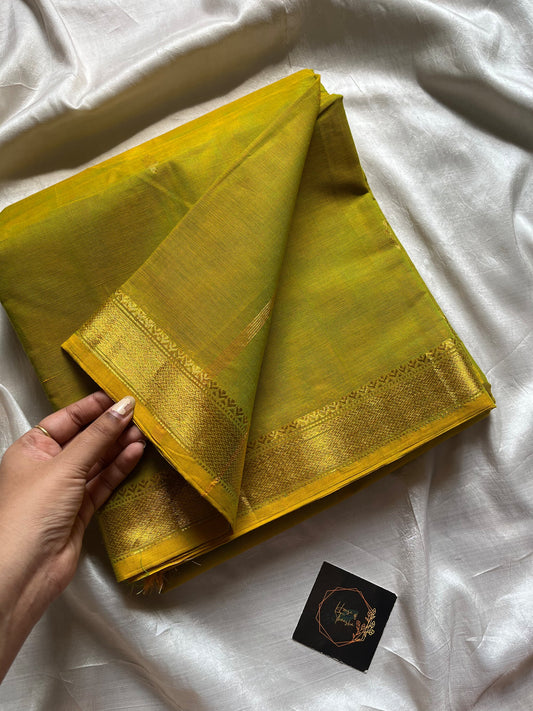 Yellowish green Chettinadu cotton saree with small golden zari border and zari motifs in body, 6 meters