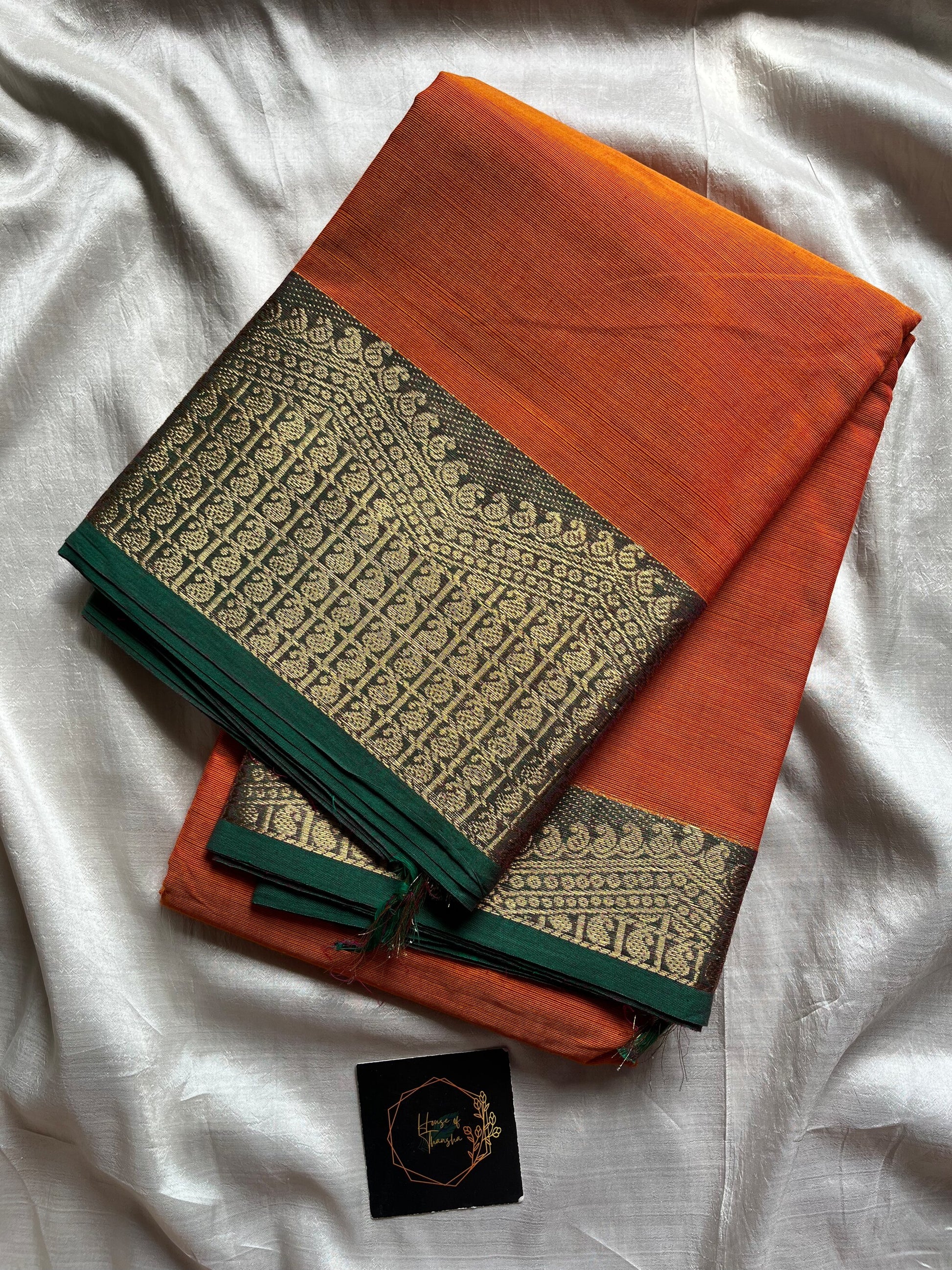 Orange Chettinadu cotton saree with subtle weave and green border, 6 meters