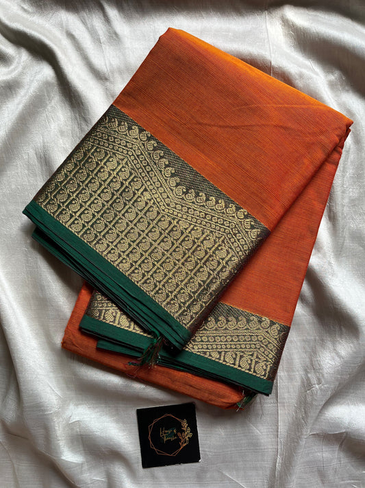 Orange Chettinadu cotton saree with subtle weave and green border, 6 meters