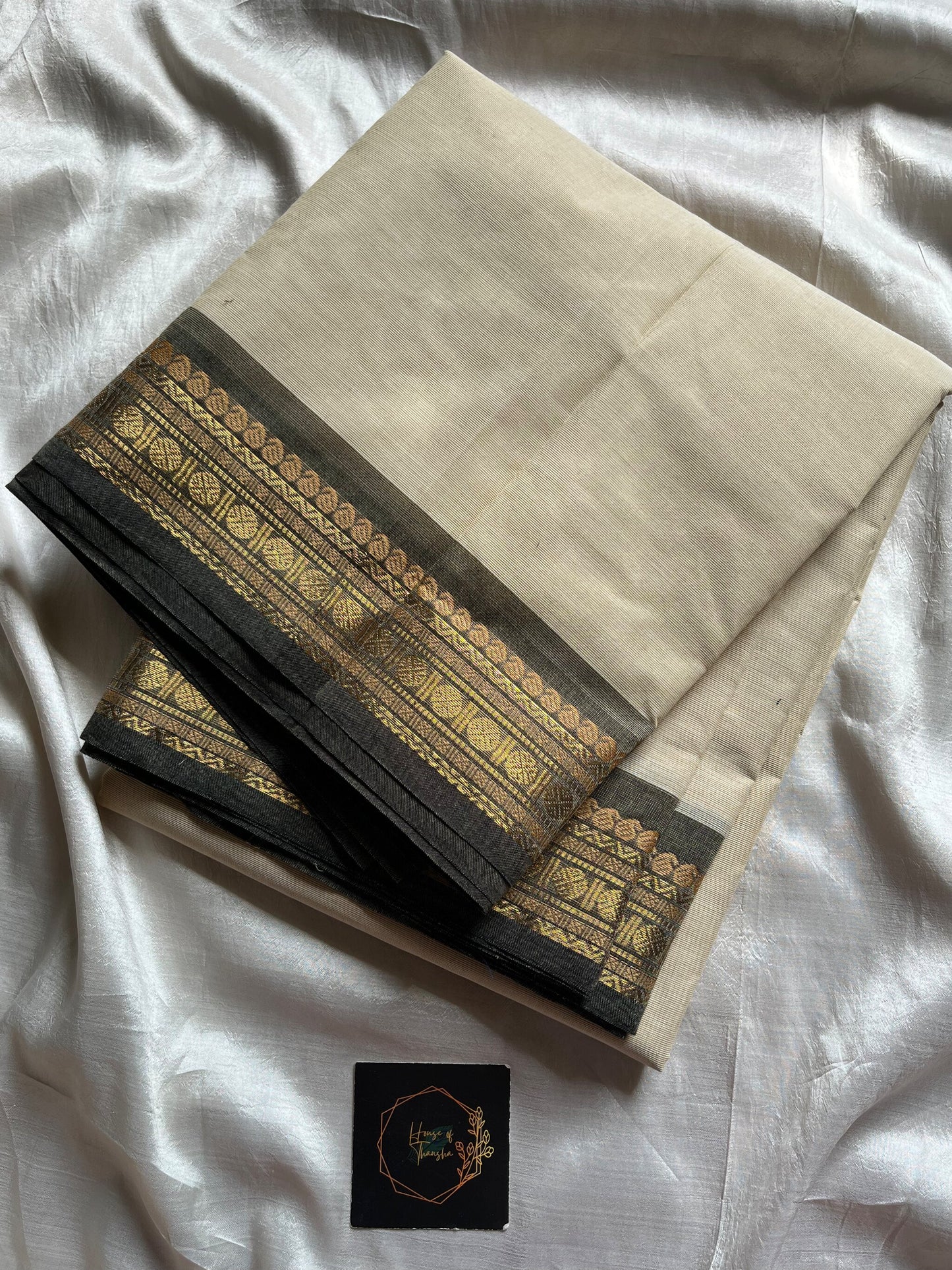 White Chettinadu cotton saree with plain body and zari border