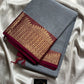 Grey Chettinadu cotton saree with subtle weave and pink border